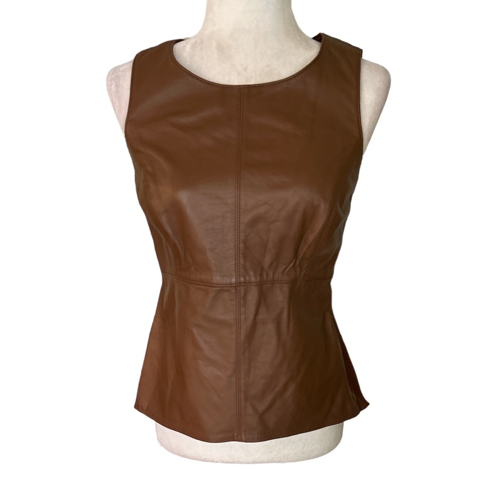 WORTH Leather Light Brown Peplum Flared Sleeveless Top - 2